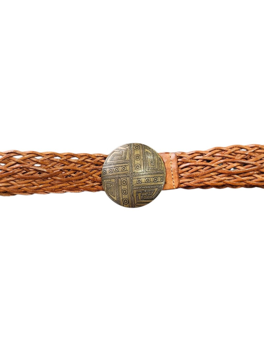 VTG CHICO'S Brown Woven Leather Braided Belt Tooled Brass Disc Hook Buckle Sz M